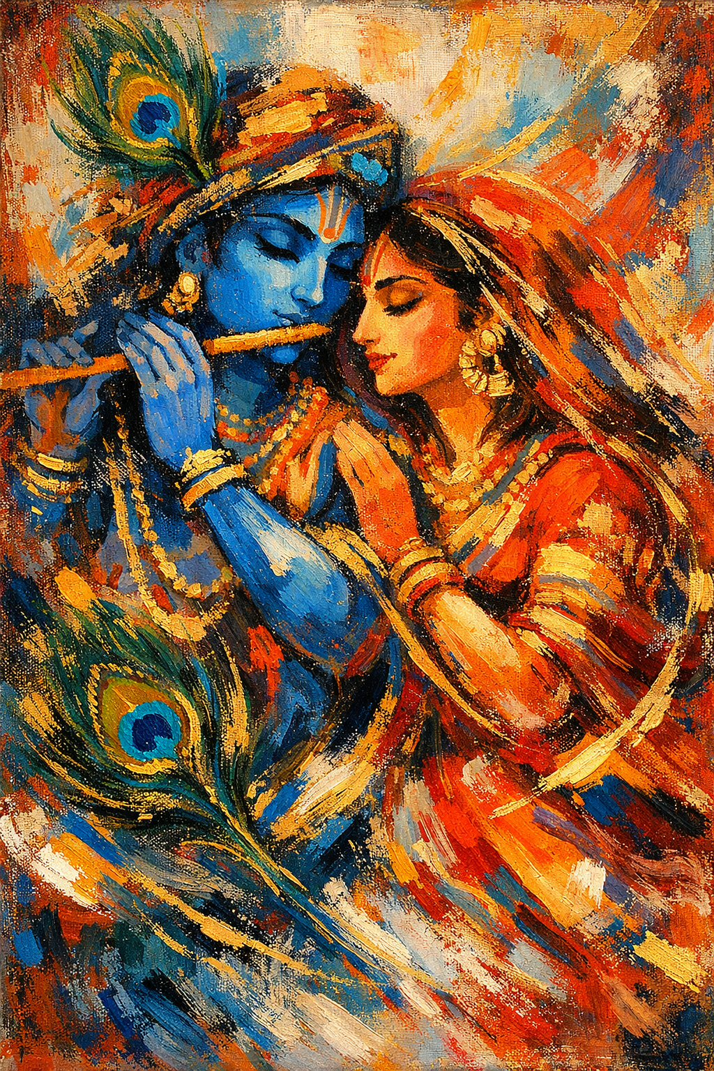 Radha Krishna as modern abstract painting with bold brushstrokes in blue and red merging with gold accents
